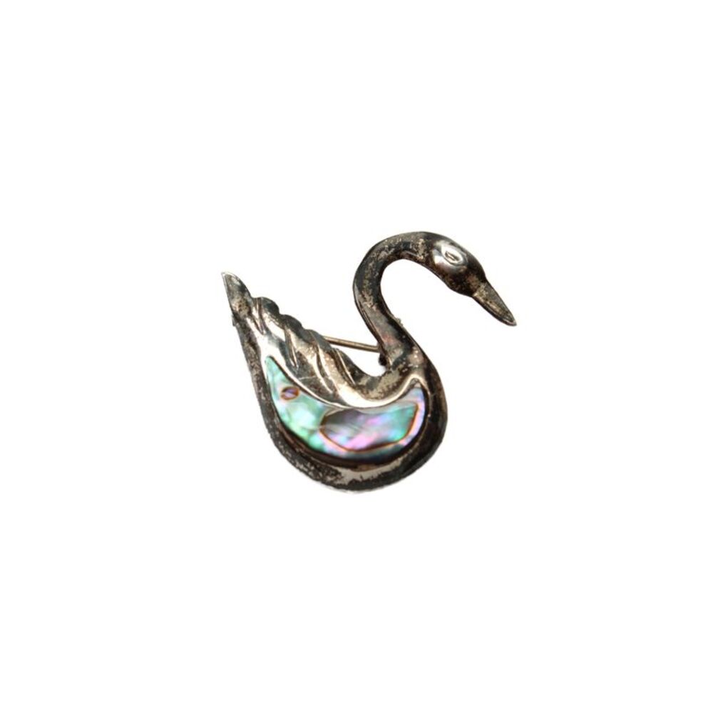 Designer Womens 925 Silver Abalone Taxco Swan Brooch 1.5" 2.6g